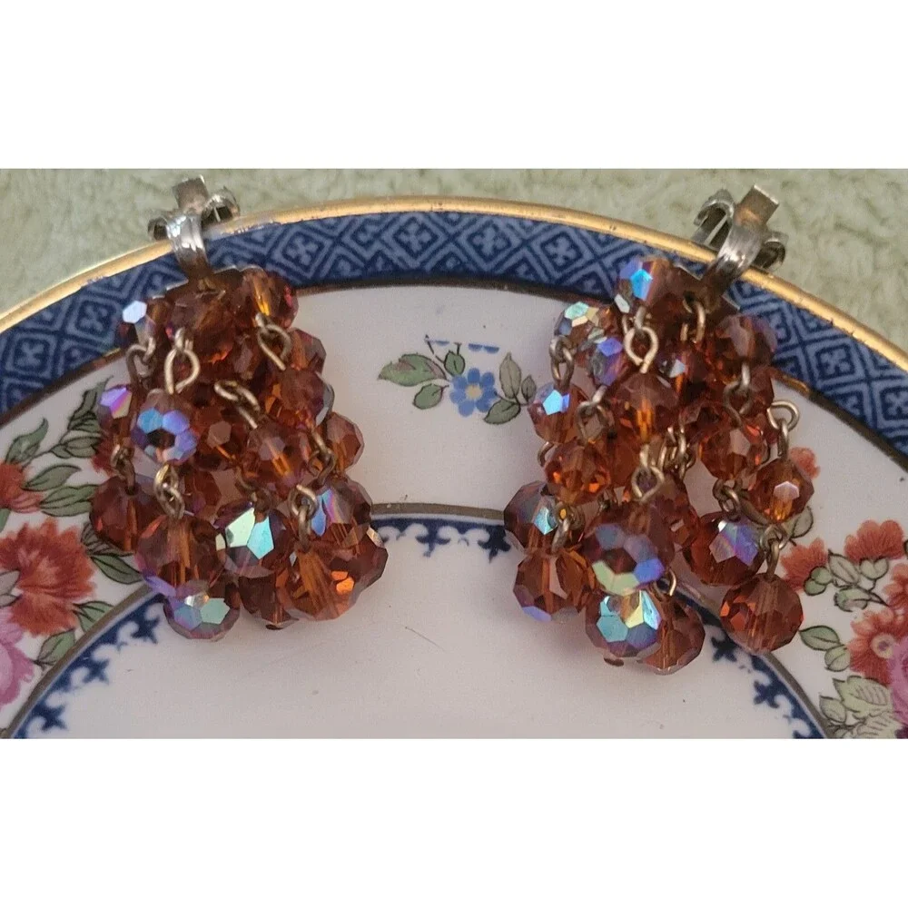 Laguna Topaz Aurora Borealis Clip-On Dangle Earrings - Signed - 1960's